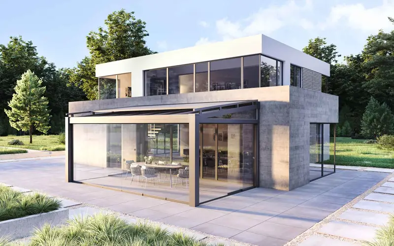 Modern terrasoverkapping met glazen wanden Modern terrasoverkapping met glazen wanden