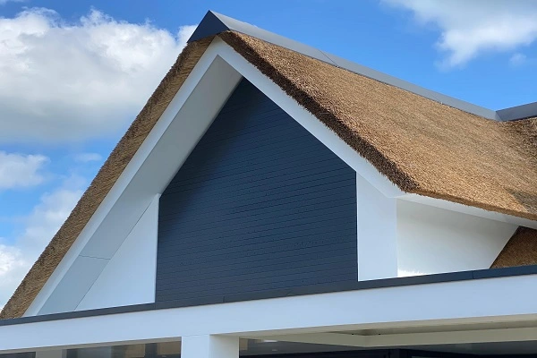 Nieuwbouwhuis met contrasterende rieten dak en donkere gevelpanelen Nieuwbouwhuis met contrasterende rieten dak en donkere gevelpanelen