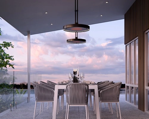 Heater bij avond met grote tafel Heater bij avond met grote tafel