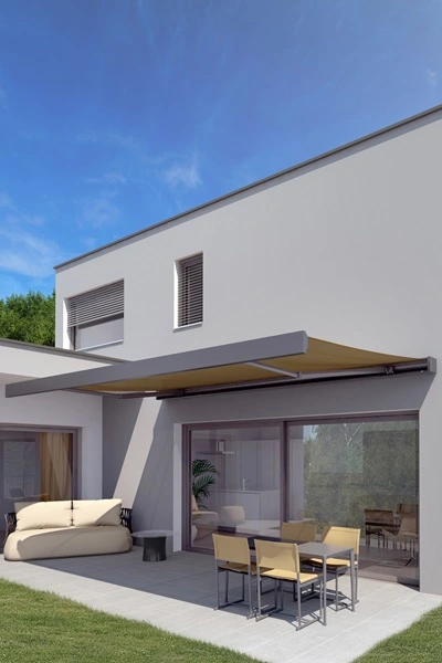 CAMABOX knikarmscherm boven terras met zit- en eetruimte CAMABOX knikarmscherm boven terras met zit- en eetruimte