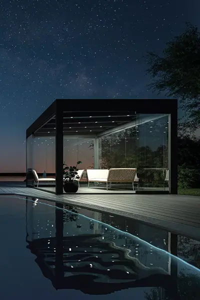 Glazen overkapping Cubo bij nacht naast zwembad met sterrenhemel op achtergrond Glazen overkapping Cubo bij nacht naast zwembad met sterrenhemel op achtergrond