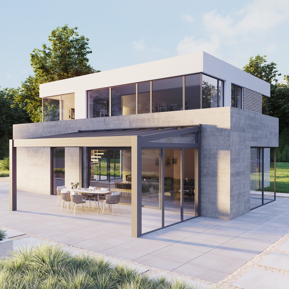 Glazen overkapping OR bij een huis met ruime tuin