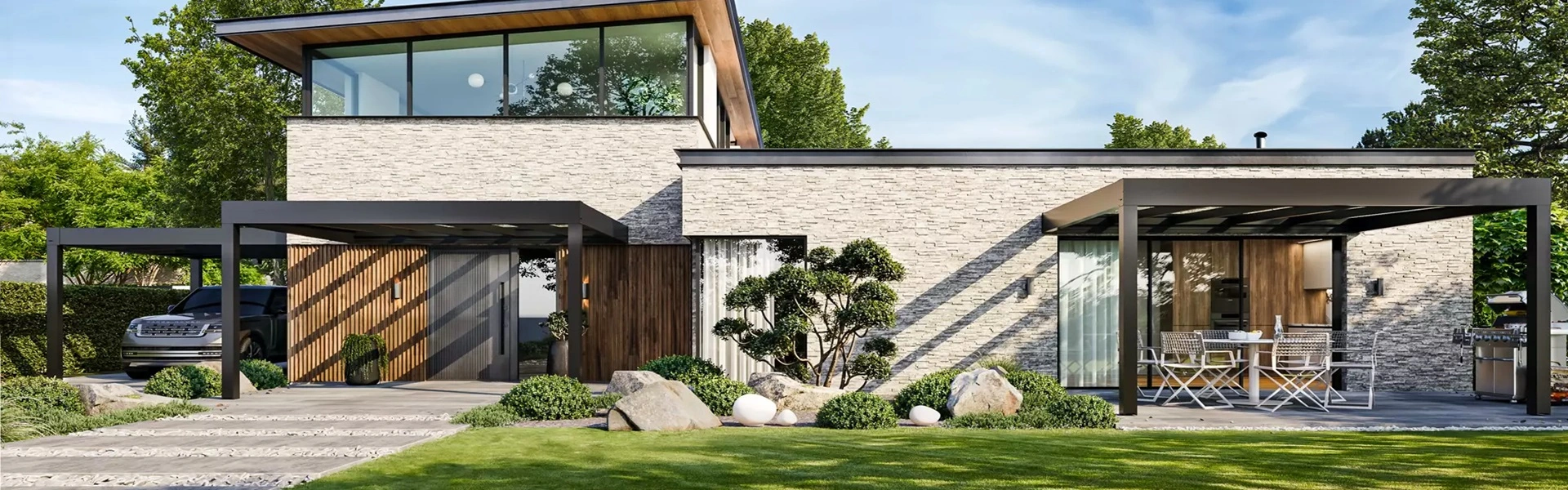 Glazenoverkapping Cubo Ezie over entree en terras van woning