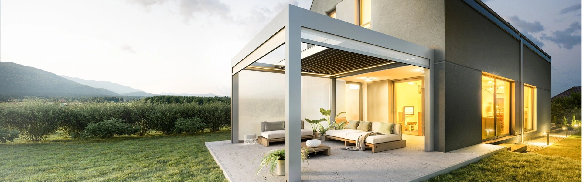 Lamellen overkapping Velvet bij een huis met open terras en zicht op groene velden