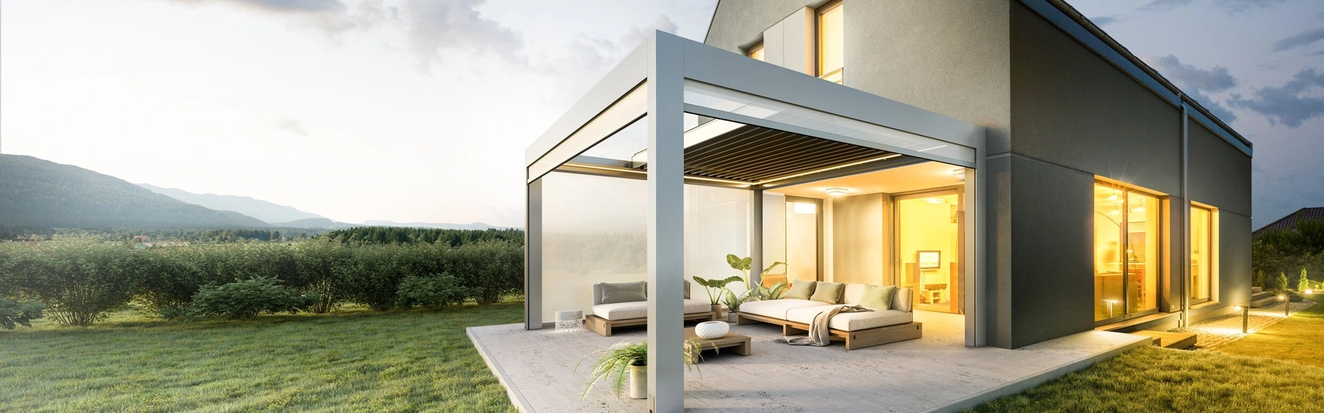 Lamellen overkapping kantelbaar en uitschuifbaar Velvet Plus bij woning met scherming