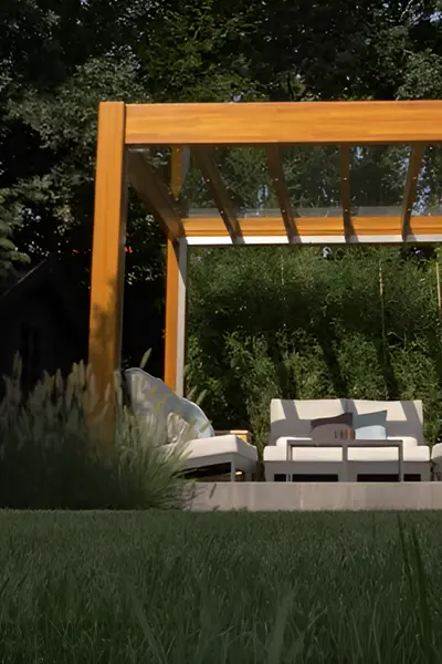 Overkapping van hout en glasdak in tuinsetting Overkapping van hout en glasdak in tuinsetting