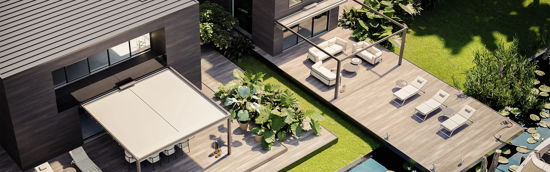 Phoenix Patio met textieldak en loungebanken op houten terras