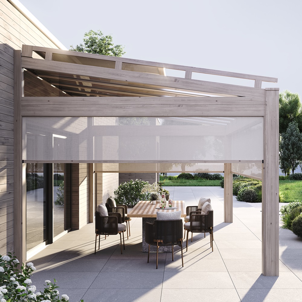 Stijlvolle glazen overkapping OR met geïntegreerde zonwering