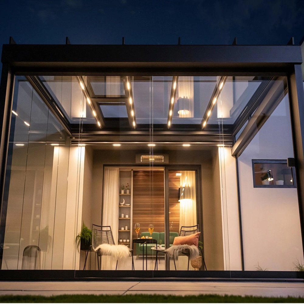 Verlichte Area glazen overkapping bij nacht ingericht met stoelen en tafel