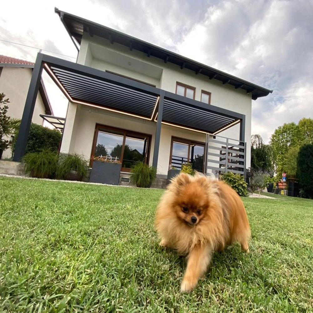 Woning met lamellen overkapping Seesky bio en een hond op de voorgrond