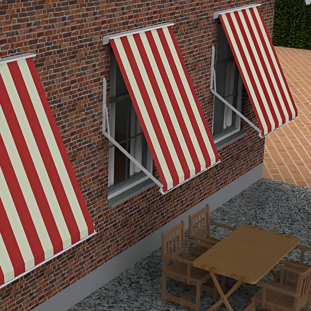Carre uitvalschermen rood-wit gestreept op rij aan bakstenen gevel