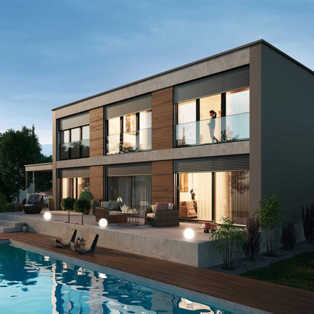 Rolluik bij luxe woning met zwembad, horizontaal gemonteerd voor ramen Rolluik bij luxe woning met zwembad, horizontaal gemonteerd voor ramen
