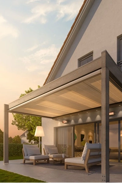 Serrezonwering Sottezza pure bij woning met comfortabele zithoek Serrezonwering Sottezza pure bij woning met comfortabele zithoek