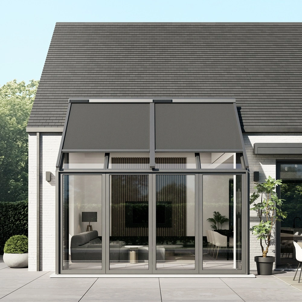 Serrezonwering VZ 080-ZIP solar aan glazen serre met antraciet doek
