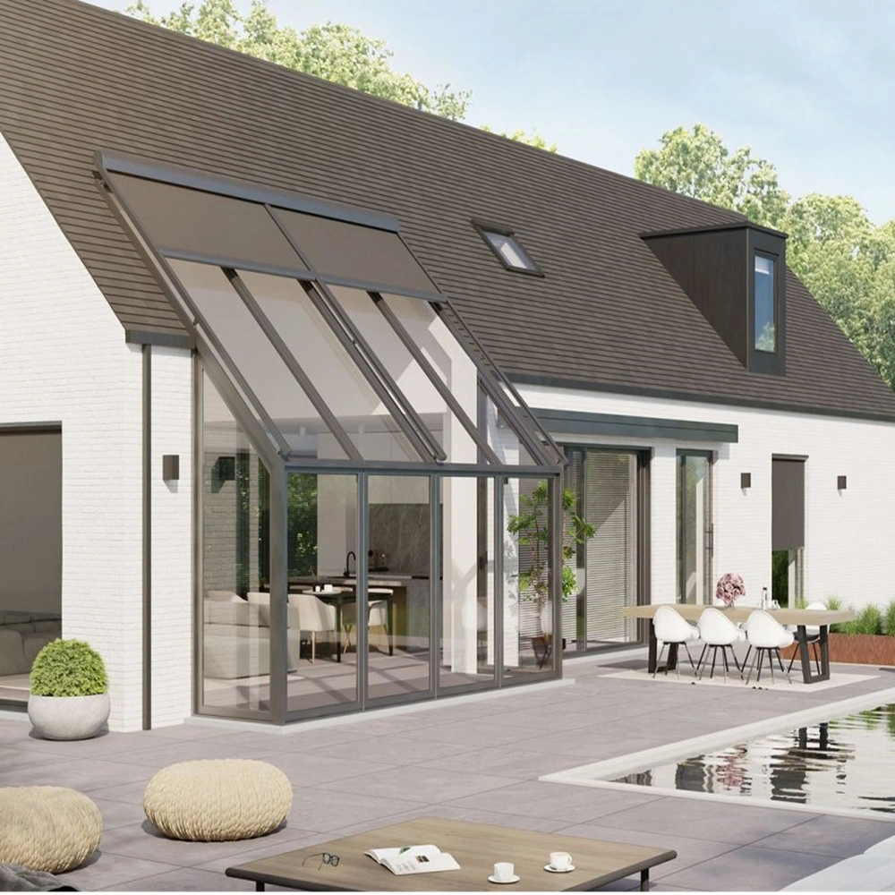 Serrezonwering VZ 710 bij terras met serre en zwembad