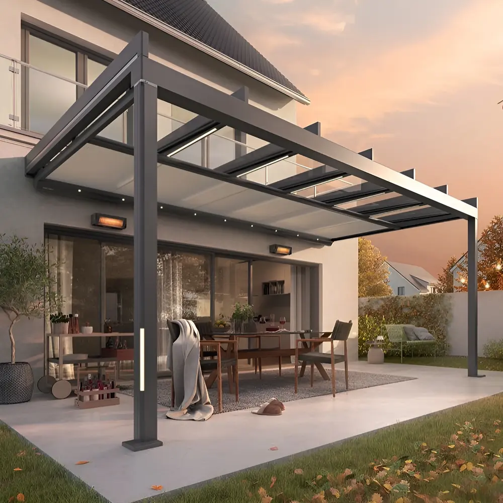 Tempura Quadra heaters onder terrasoverkapping bij eetruimte buiten