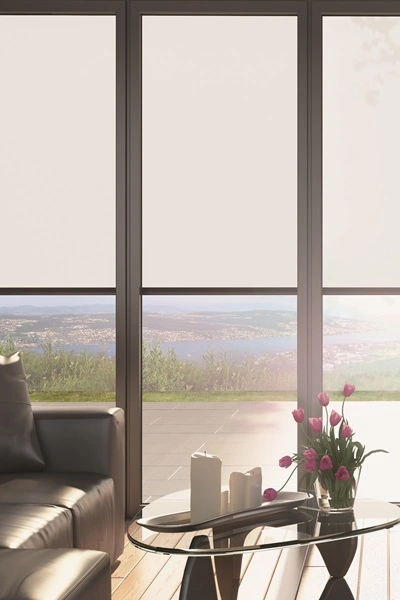 Vertitex screen op grote glazen ramen met uitzicht op een tuin en heuvels Vertitex screen op grote glazen ramen met uitzicht op een tuin en heuvels