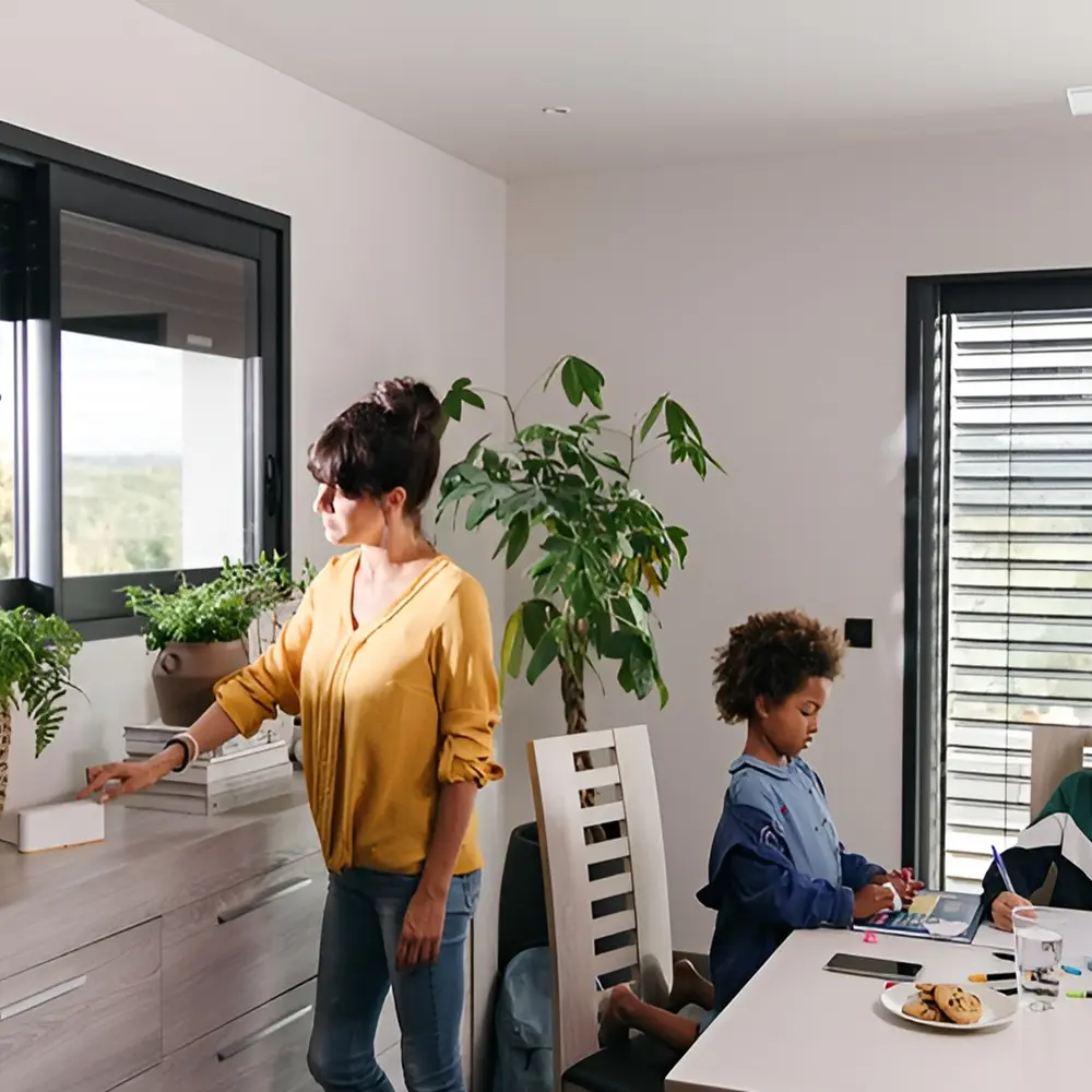 Vrouw bedient Tahoma box voor slimme zonwering in de woonkamer