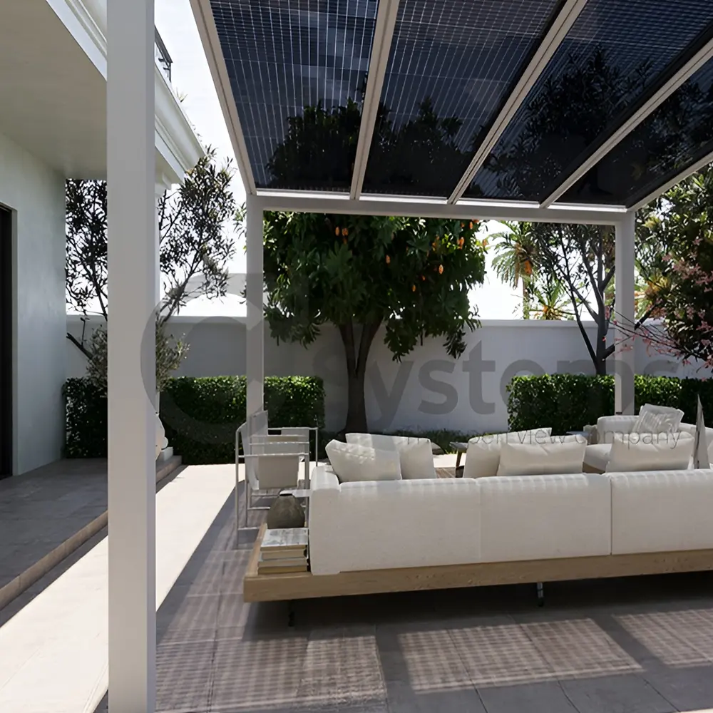 Luxe overdekte tuinkamer seesky E-luz met comfortabele zitruimte