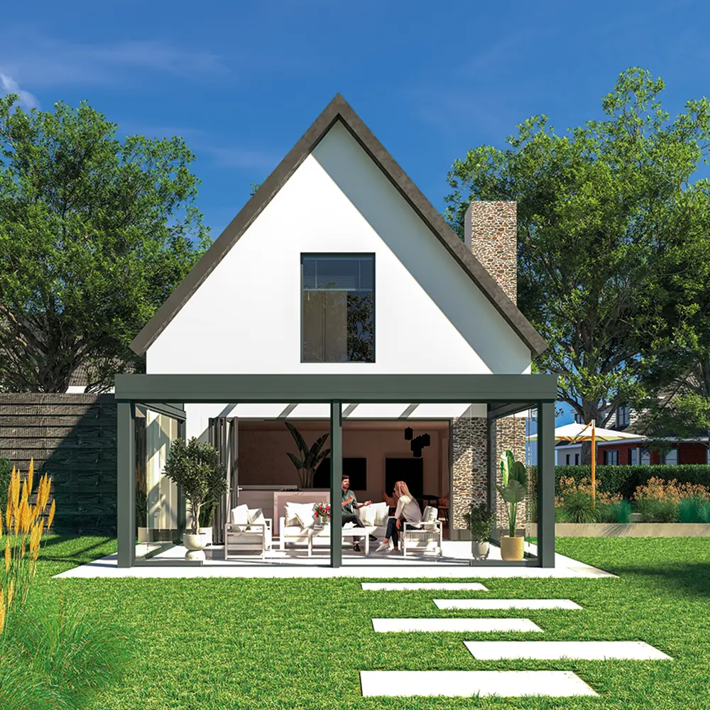 Neo glazen schuifdak aan huis met terras en tuininrichting Neo glazen schuifdak