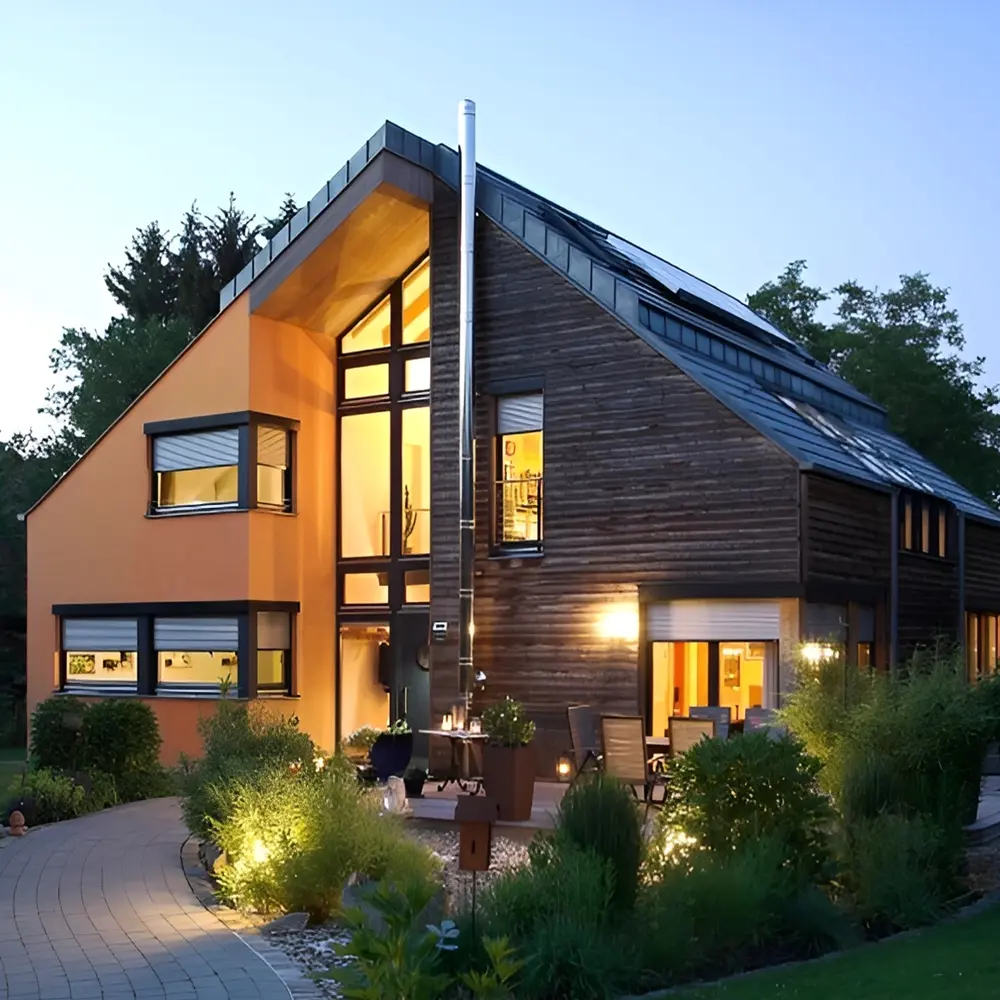 Woning met oranje gevel en witte solar rolluiken Uitvalscherm Carre