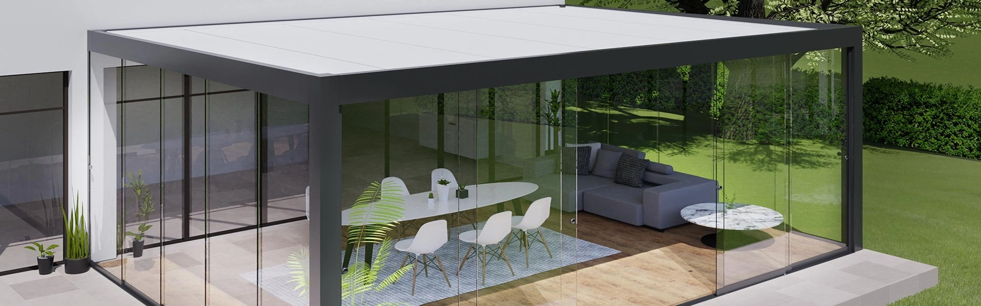 Moderne Seesky Taf overkapping met tuinzicht en glazen panelen