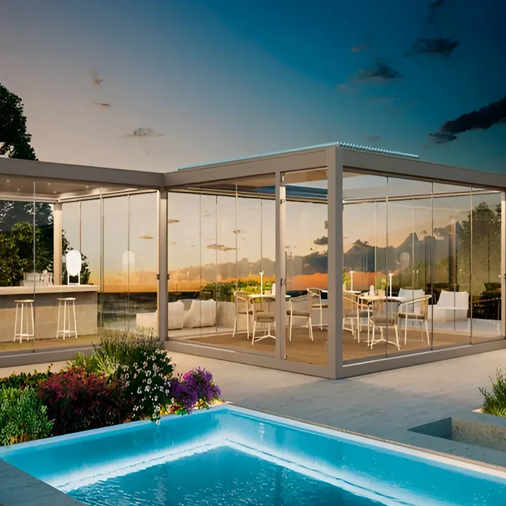 Overkapping met lamellen bij een horecagelegenheid