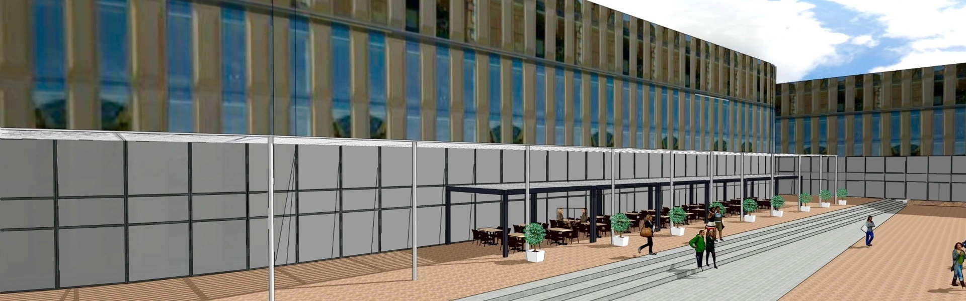 Tekening van horeca terrasoverkapping met moderne tafelschikking