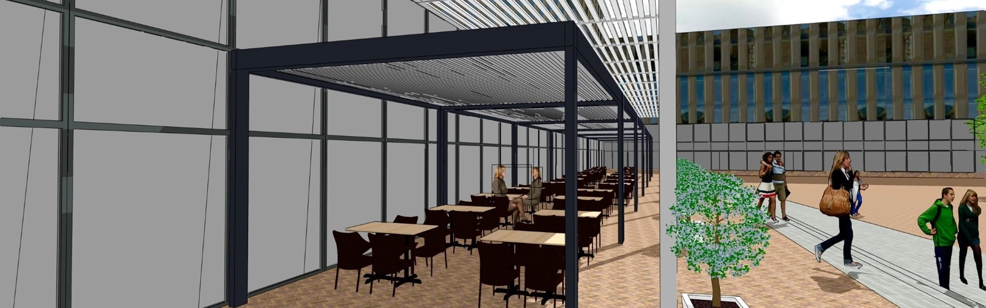 Tekening van horeca terrasoverkapping met ruime opstelling en plantenbakken