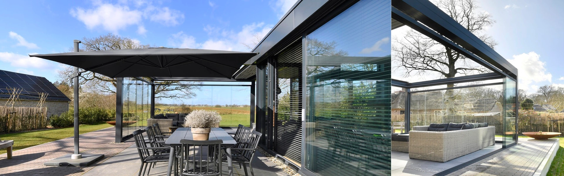 Tuinkamer met glazen schuifwanden en terrasmeubilair