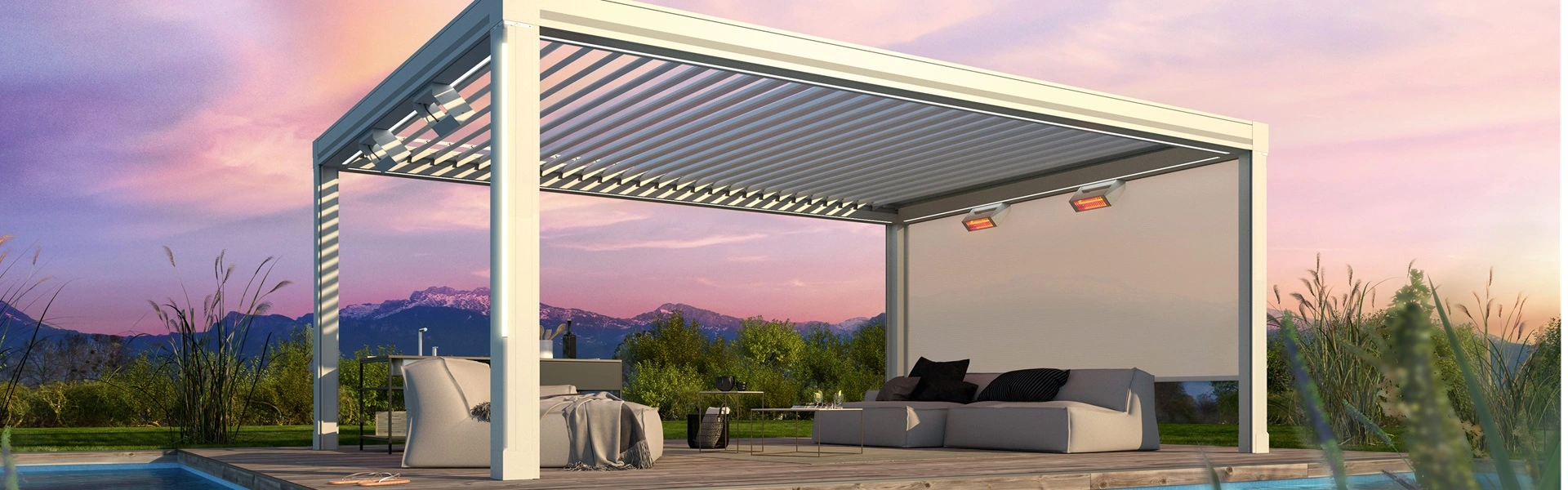 Artares lamellen overkapping bij zwembad met panoramisch uitzicht