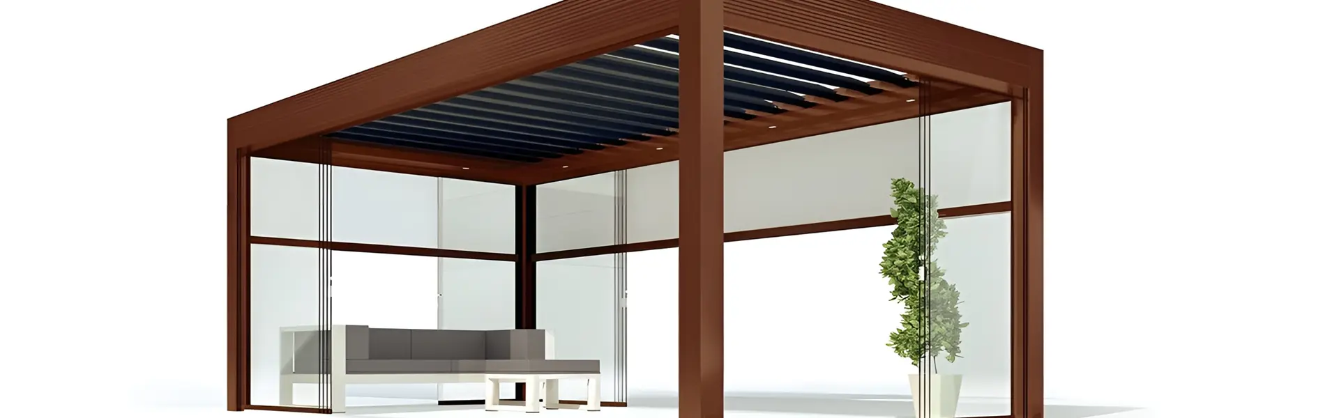 Bruin frame met glazen panelen en lamellen dak