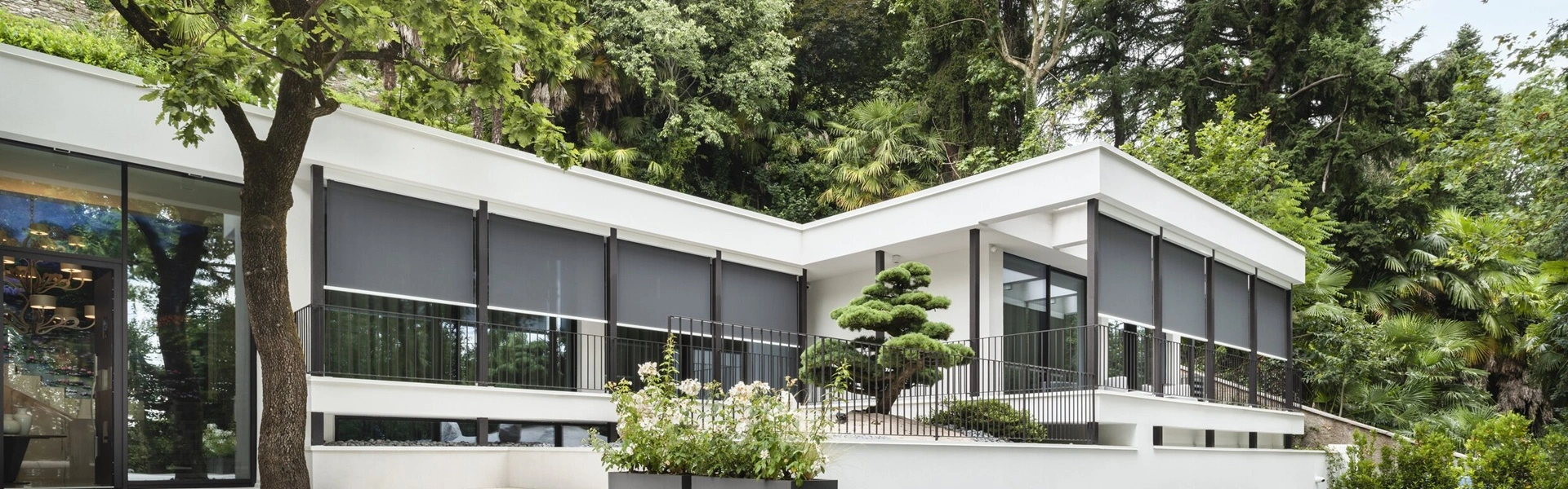 Click cable solar screens op een glazen gevel van een woning in een groene omgeving