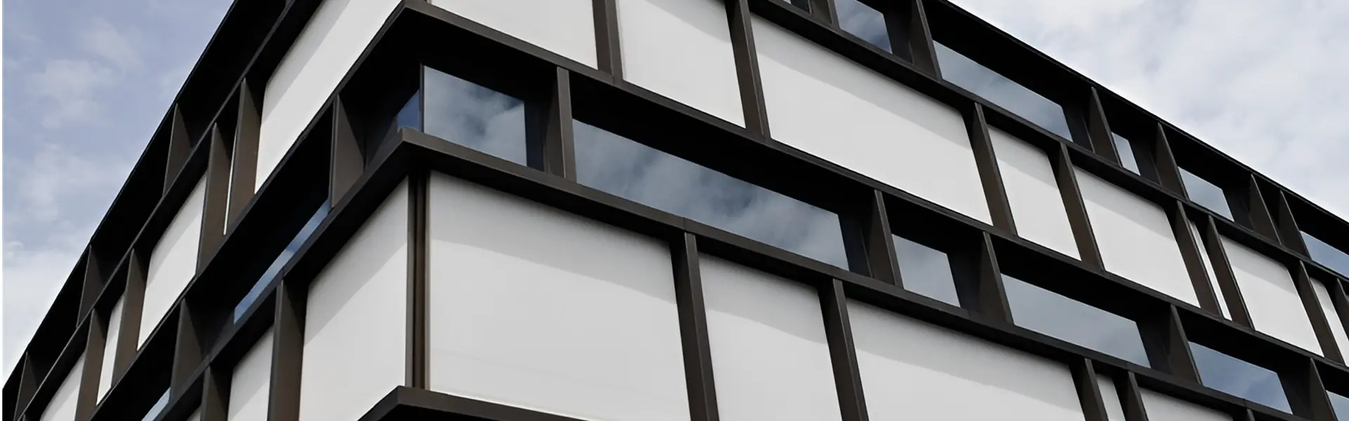 Gebouw met glasvezel doeken in wit en zwarte raamkozijnen