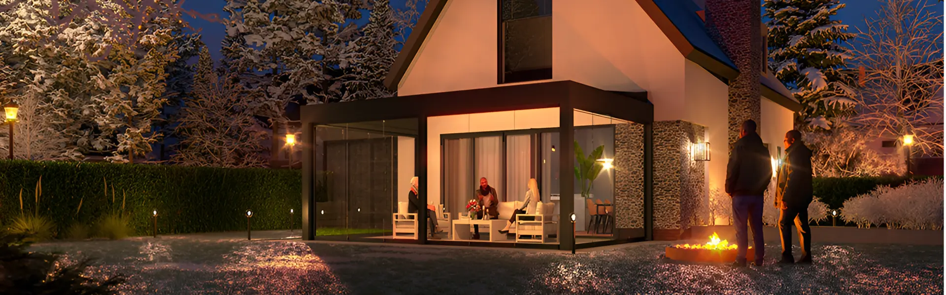 Gezellige winteravond onder glazen schuifdak overkapping Neo