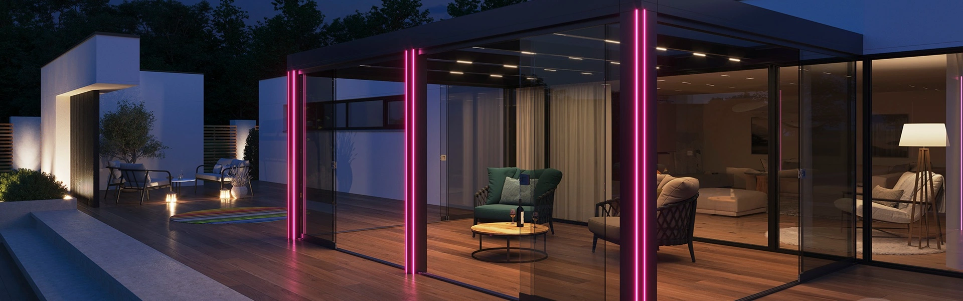 Glazen overkapping Area met sfeerverlichting en moderne inrichting