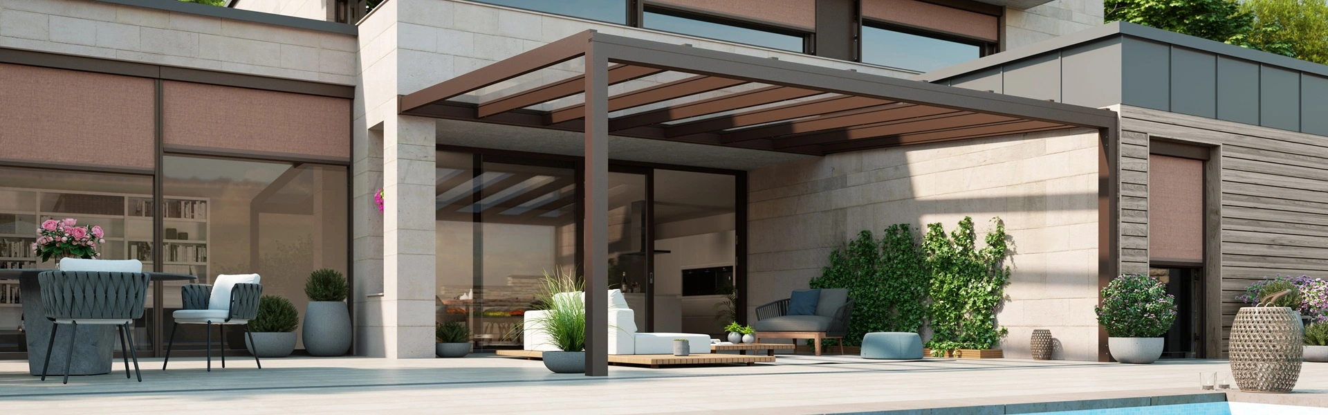 Glazen overkapping Nyon in moderne achtertuin met zithoek en groene accenten