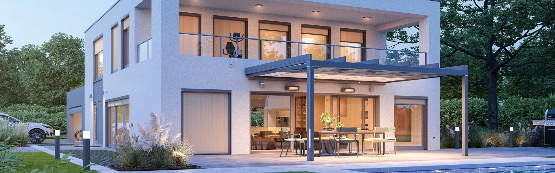 Glazen overkapping Terrazza Pure bij een woning tijdens schemering met verlichting