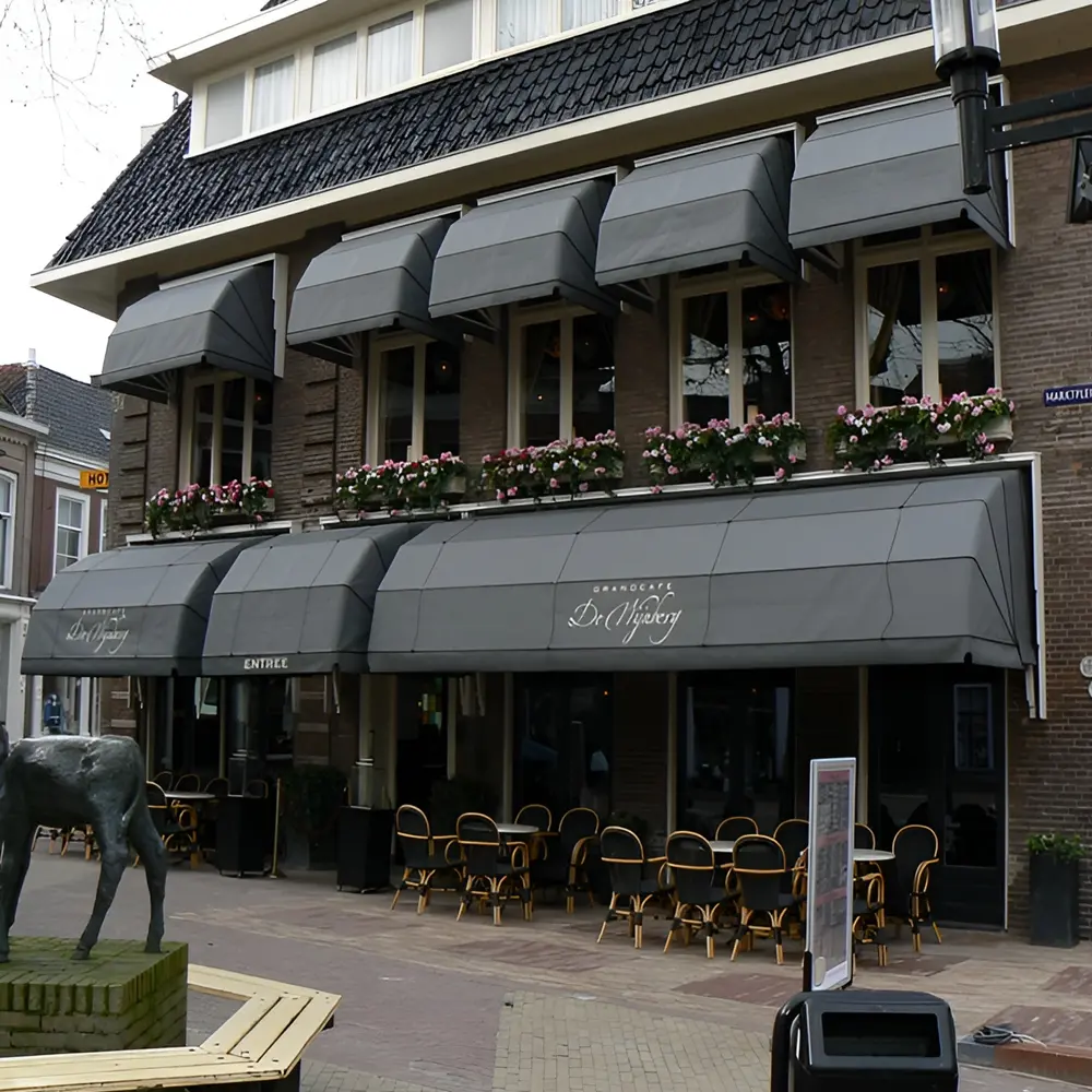 Grijze markiezen bij een grandcafe met terras aan het marktplein