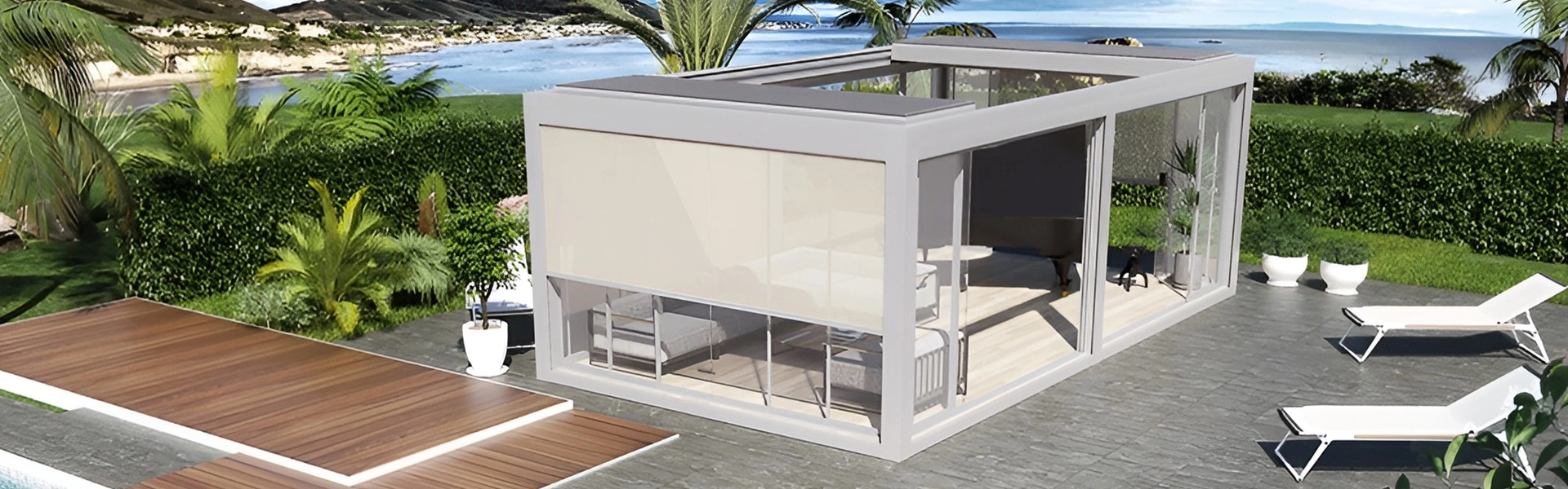 Lamellen overkapping Diesis bij zwembad met glazen schuifwanden en uitzicht op zee