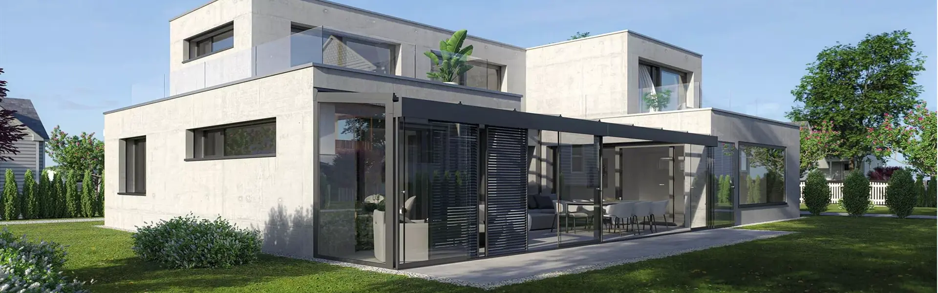 Louvre panelen gecombineerd met glazen overkapping Cubo