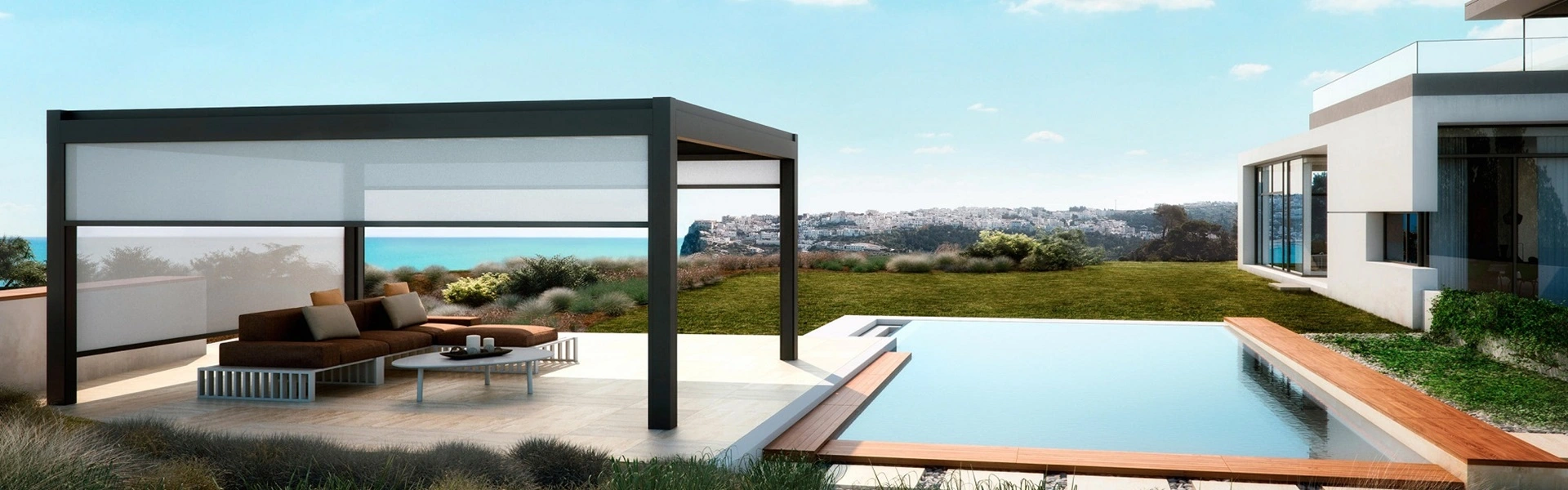 Luxe tuinkamer met Nomo schuifdak en ledverlichting bij zonsondergang