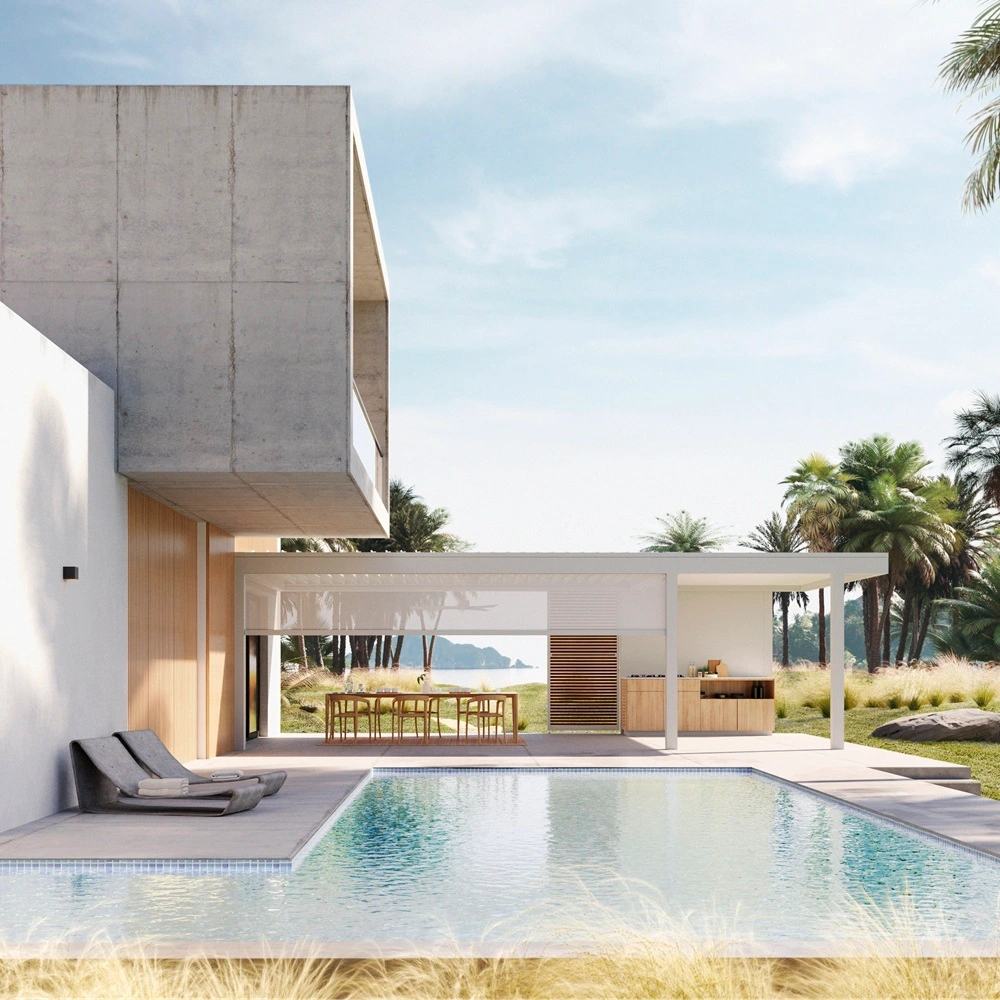 Luxe witte overkapping naast een zwembad met houten details en open keuken