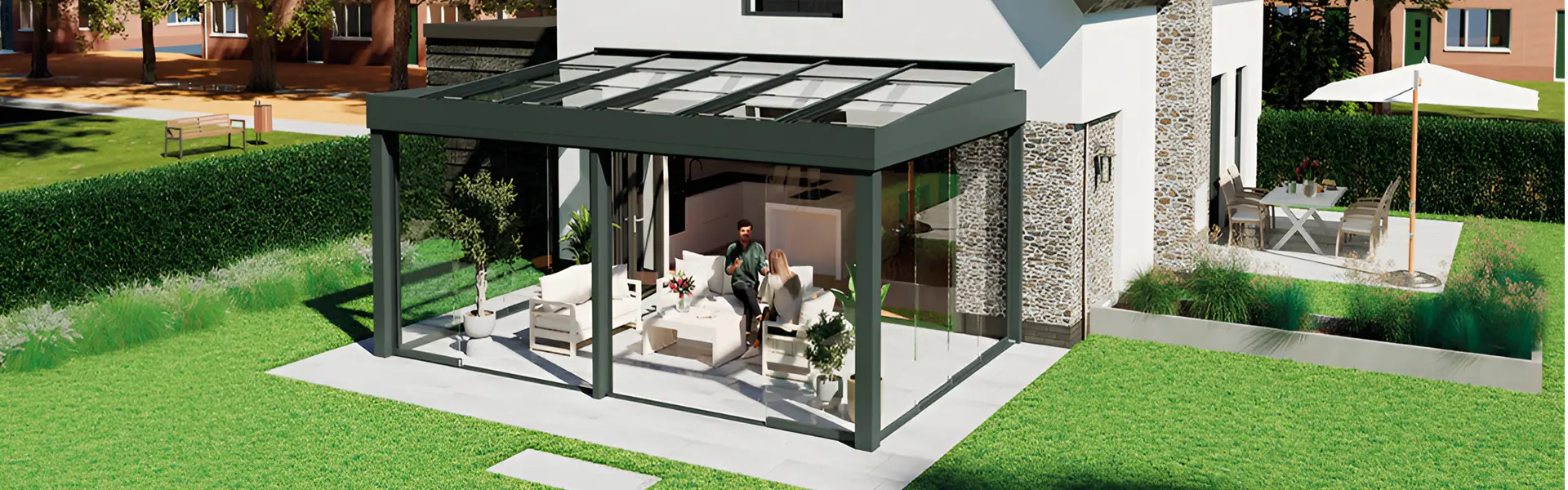 Neo glazen schuifdak met zithoek en groene tuin