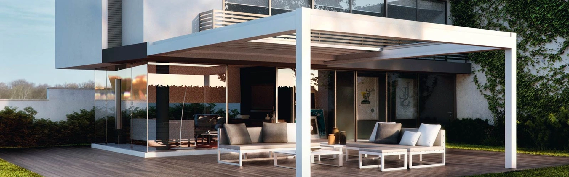 Nomo schuifdak met terrasoverkapping en verlichting aan een moderne woning