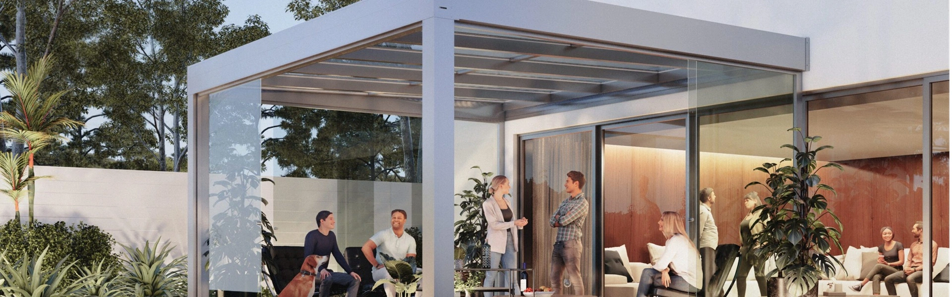 Rechte overkapping Cubo-ezie met glazen dak en schuifwanden