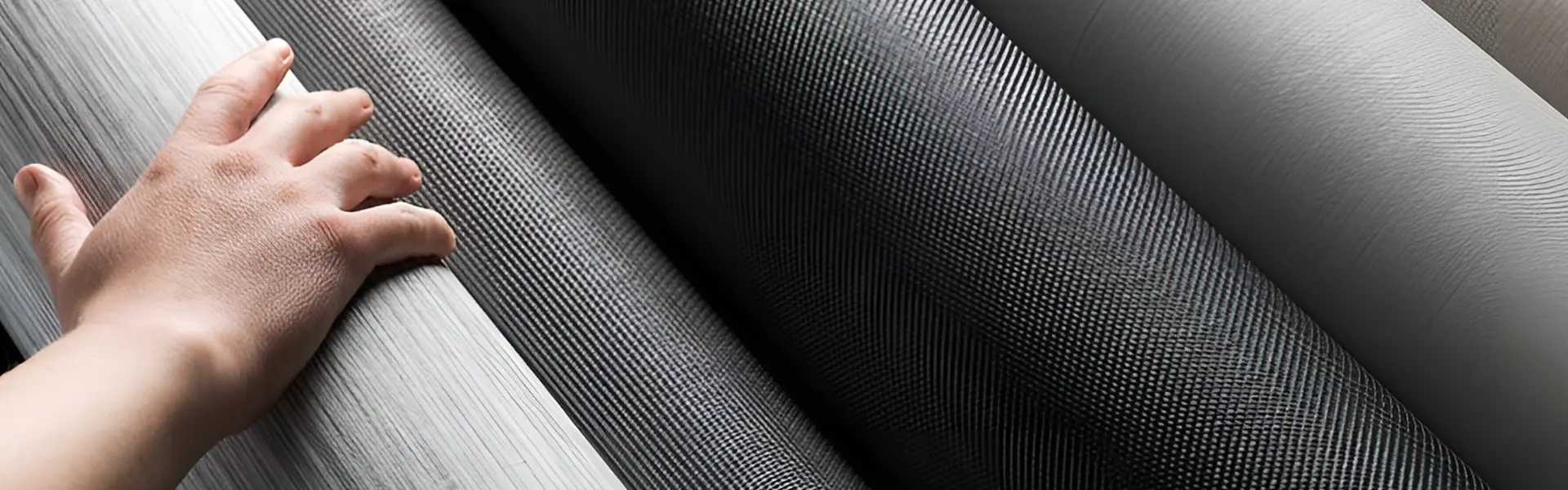 Rollen glasvezel doek in verschillende tinten, hand op lichtgrijze rol