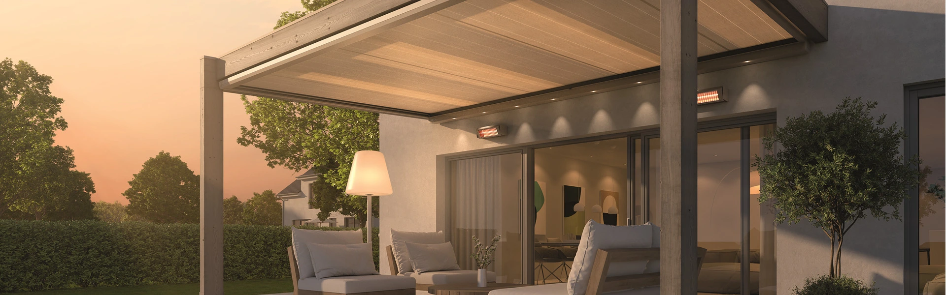 Serre zonwering met ledverlichting in avondinstelling voor terrascomfort