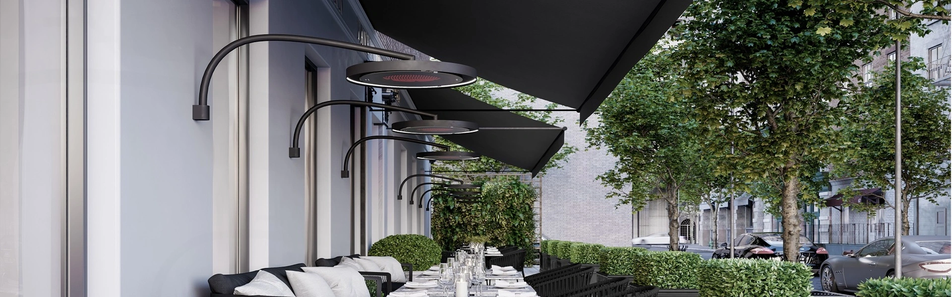 Stijlvolle gevelterrassen met heaters en comfortabele zitplaatsen