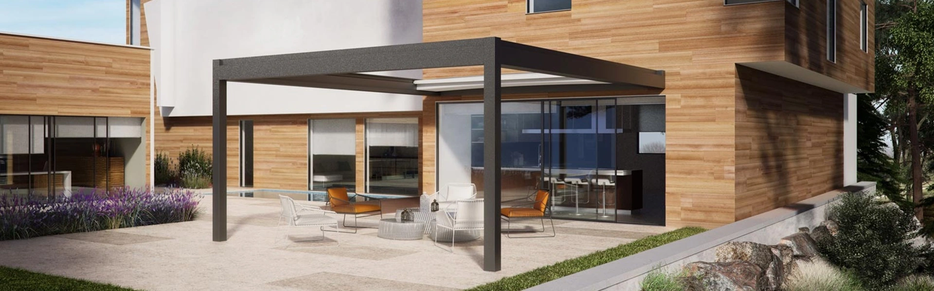 Stijlvolle tuinkamer Nomo schuifdak met glazen schuifwanden in groene omgeving